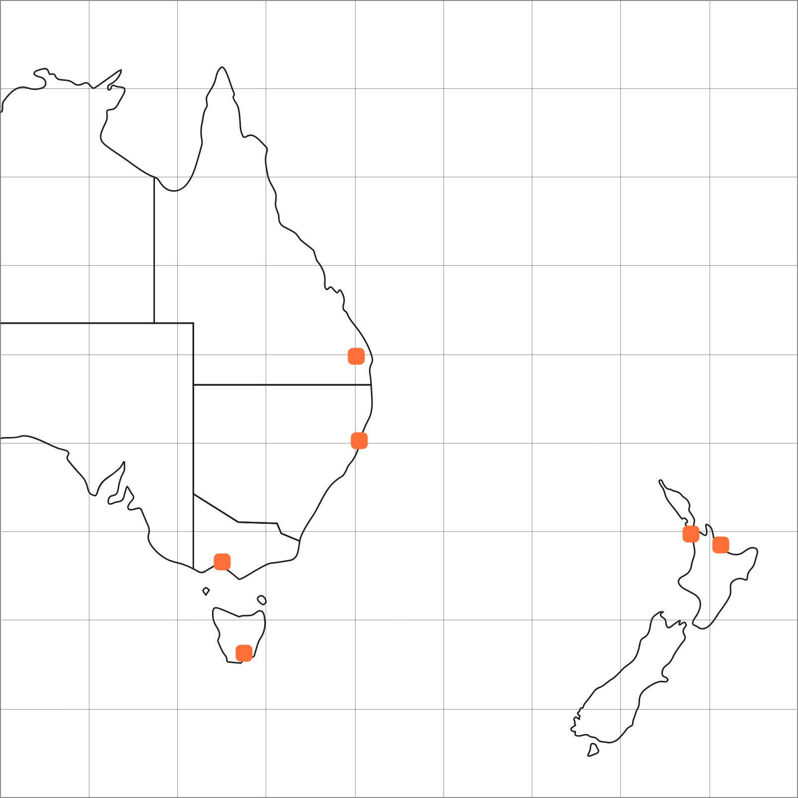 Map of locations in Australia and New Zealand